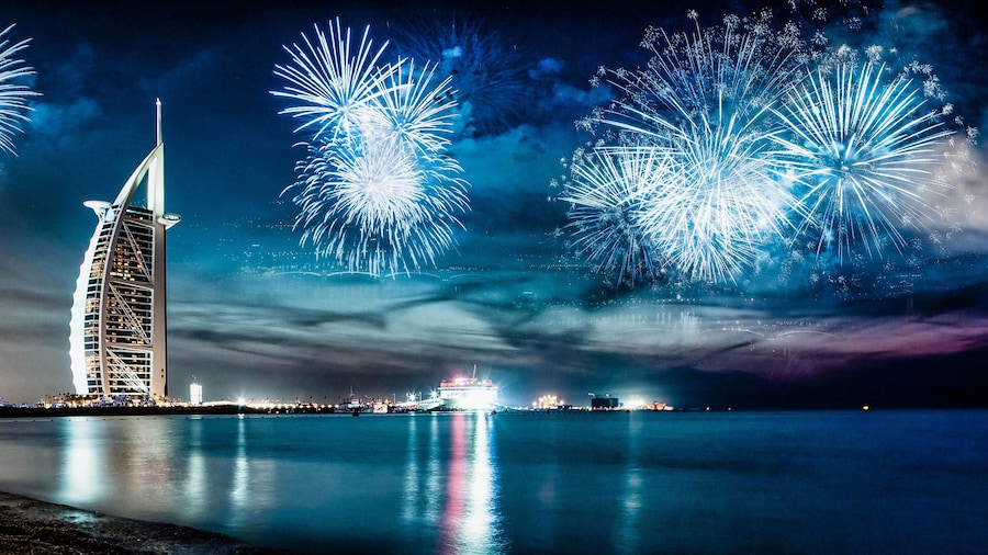 fireworks around Burj Al Arab - exotic New Year destination, Dubai, UAE