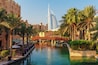 Cityscape with beautiful park with palm trees in Dubai, UAE