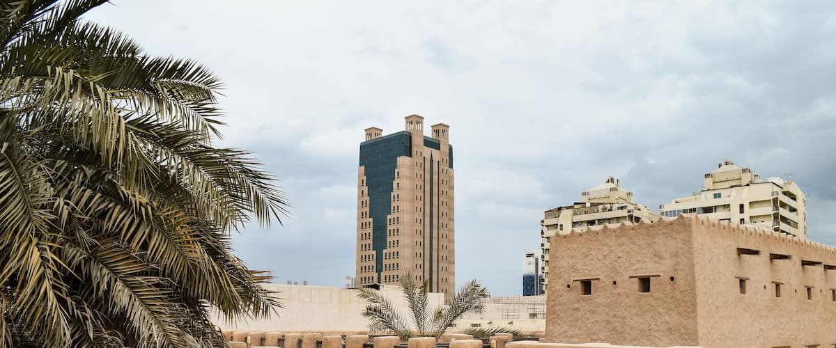 Traditional buildings inside Sharjah Heritage Area. Sharjah, United Arab Emirates.