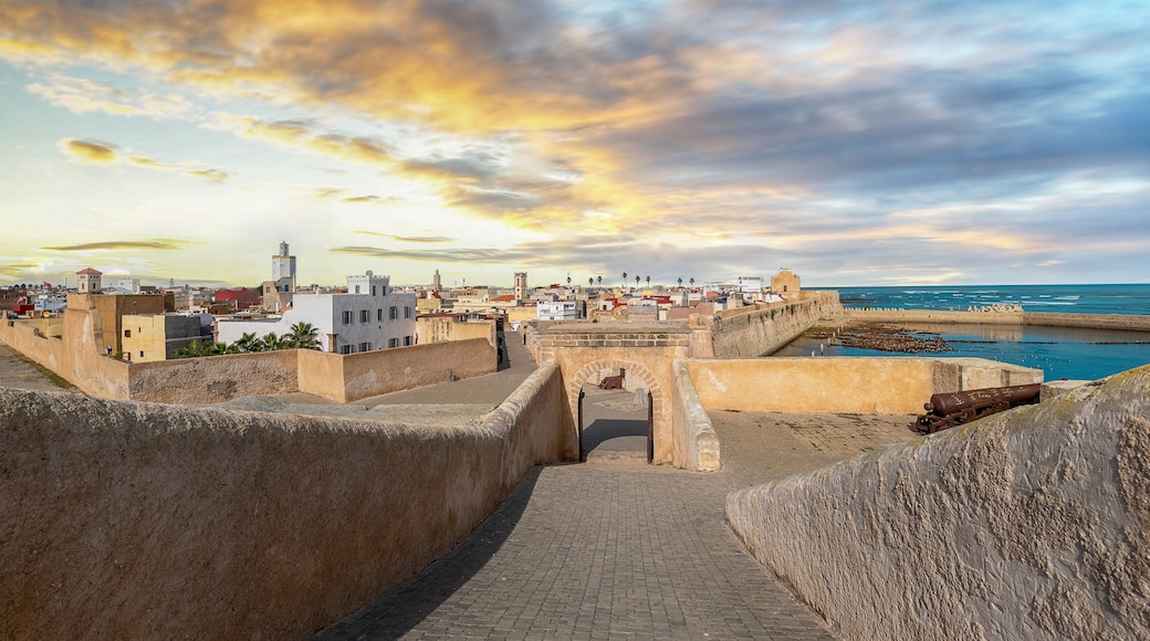Panoramic view of Mazagan in El Jadida, Morocco at sunset. The City Wall around the old city. It is a Portuguese Fortified Port City registered as a UNESCO World Heritage Site. Panorama.