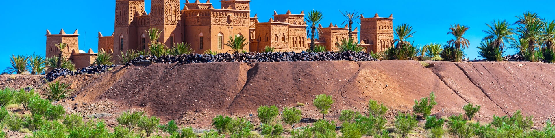 Un edificio grande y ornamentado con múltiples torres y arcos, ubicado en una colina rocosa con vegetación escasa.