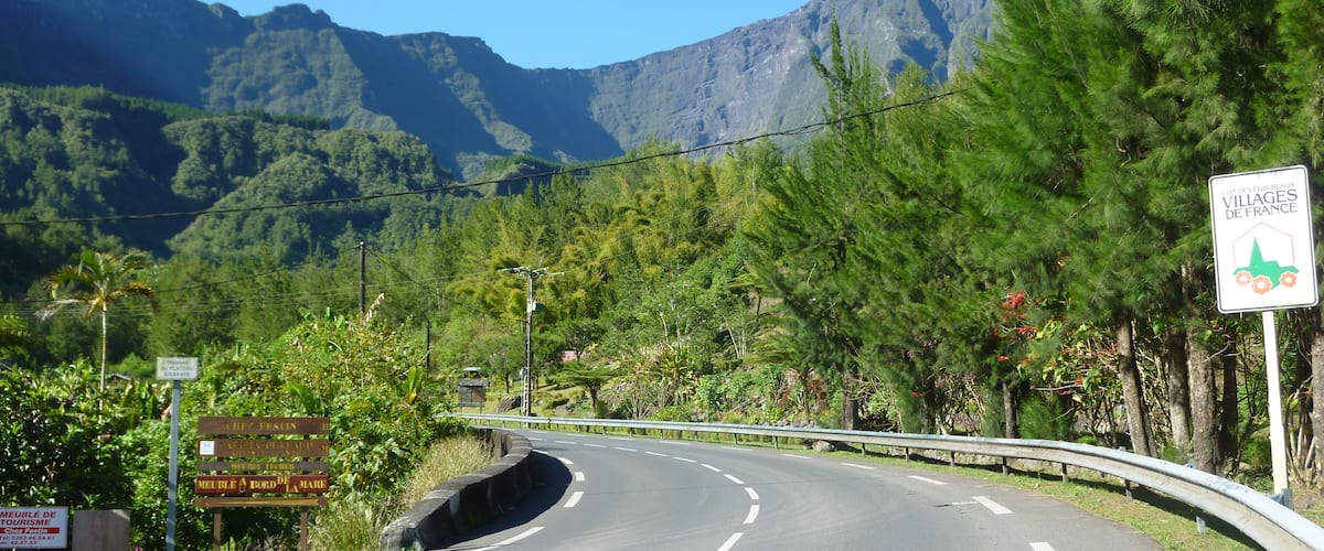 A winding road with a guardrail, surrounded by lush greenery and mountains.