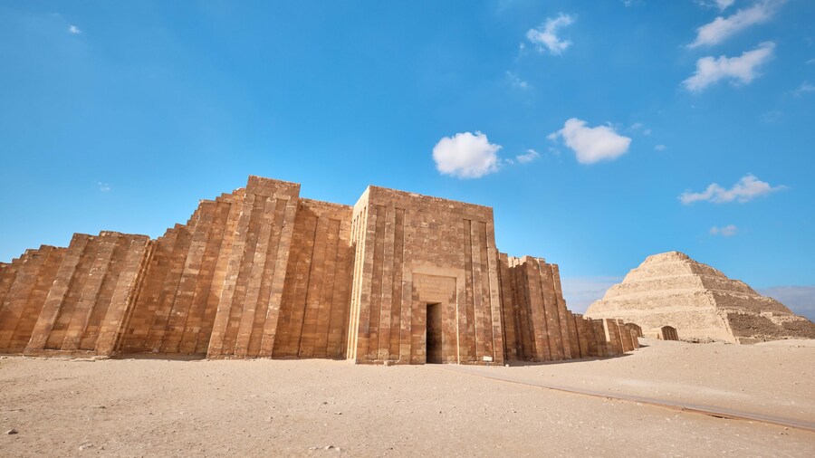 Saqqara, Egypt - January 2, 2024: Entrance to the mortuary temple near the pyramid of Djoser in Saqqara. Roofed colonnade entrance of Step Pyramid
