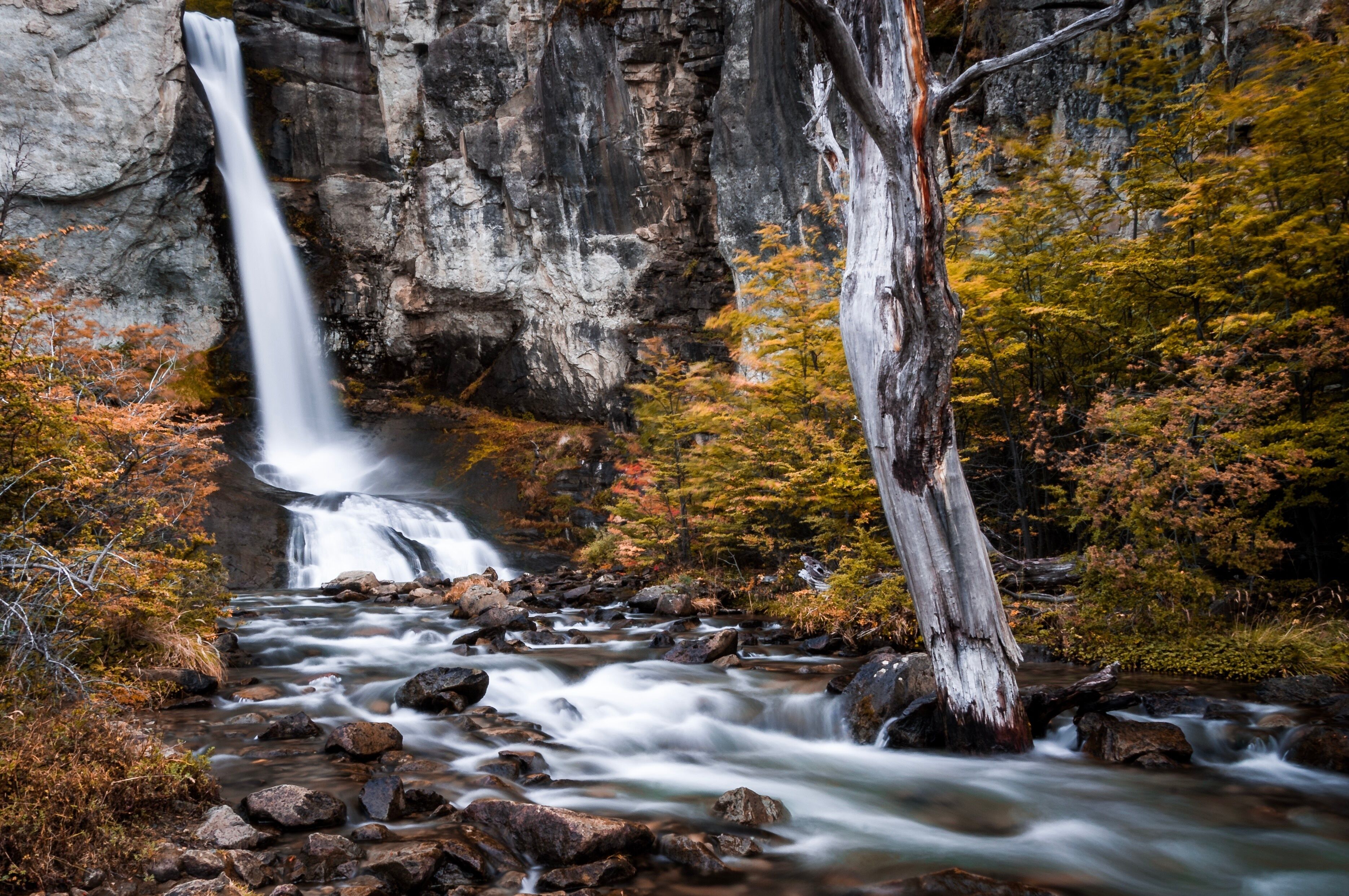 Chorrillo del Salto waterfall at the beginning of autumn, Los Galcieres National Park, El Chalten, Argentina. El Chalten is the hiking paradise in the Patagonia region in South America.
