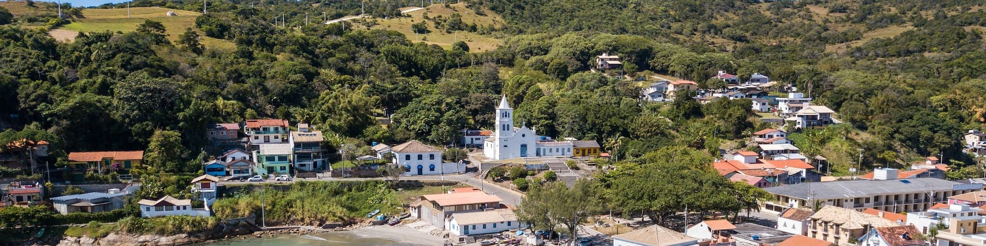 Aerial view of the church and beach of Garopaba, in Santa Catarina, Brazil