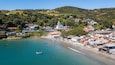 Aerial view of the church and beach of Garopaba, in Santa Catarina, Brazil