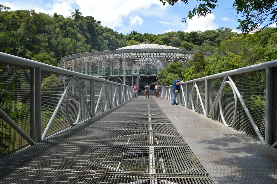 Uma ponte para pedestres com estrutura metálica e cobertura de vidro, rodeada por vegetação exuberante e colinas.