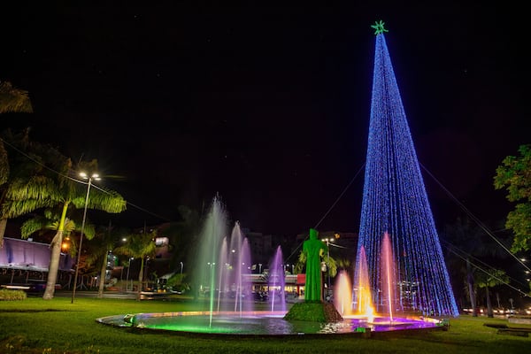 São Francisco Square with Christmas tree and colorful fountain lighting in the city of Bragança Paulita