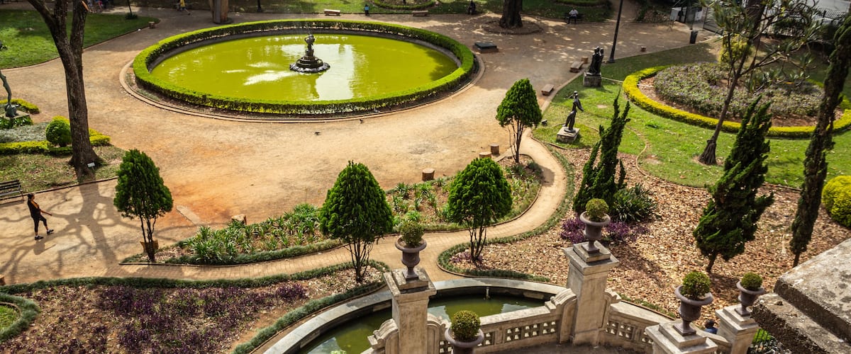 Staircase of the São Paulo Pinacoteca, in the background the green area of the Jardim da Luz Park, in the city of São Paulo, Brazil.