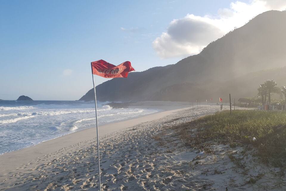 En strand med bølger, et flag og fjerne bjerge i baggrunden.