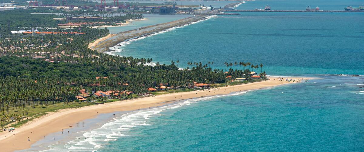 Pontal do Cupe beach, Ipojuca, near Recife, Pernambuco, Brazil on March 1, 2014. In the background, the port of Suape. Aerial view