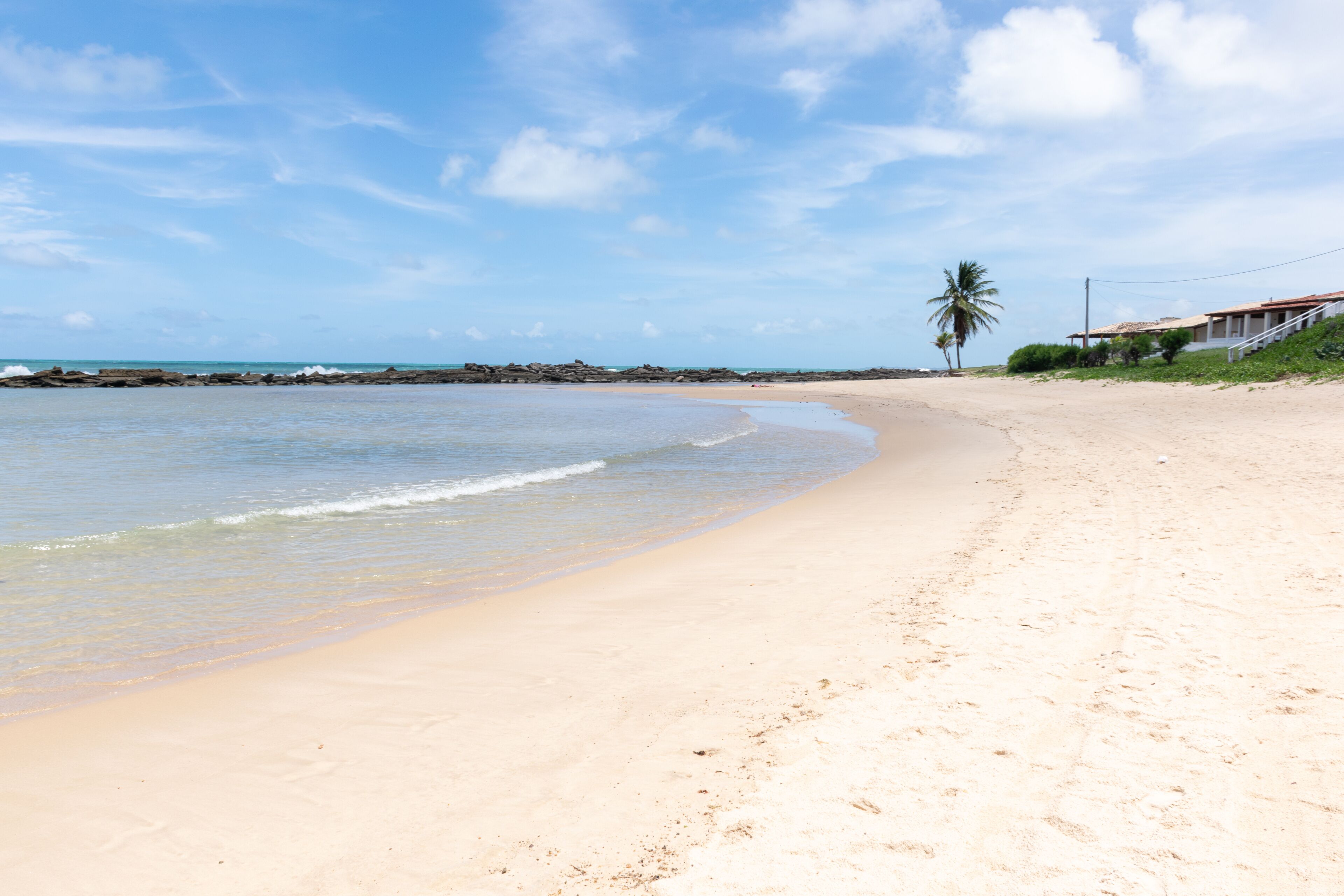 A sandy beach with gentle waves, a palm tree, and a building with a red roof.