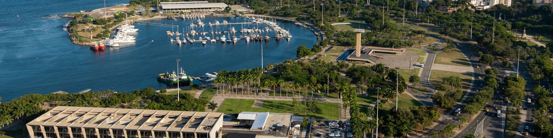 Aerial View of Museum of Modern Art, Marina da Gloria and the Sugarloaf Mountain in the Horizon, in Rio de Janeiro, Brazil
