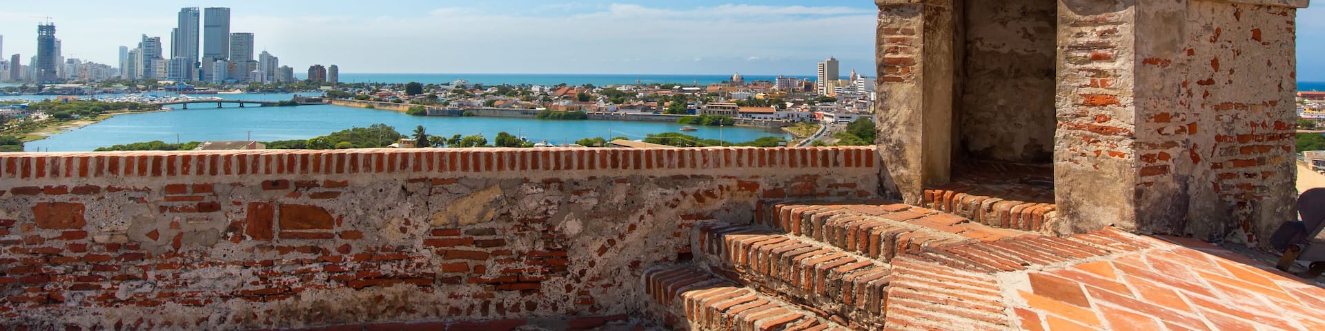 Colombia, scenic view of Cartagena cityscape, modern skyline, hotels and ocean bays Bocagrande and Bocachica from the lookout of Saint Philippe Castle