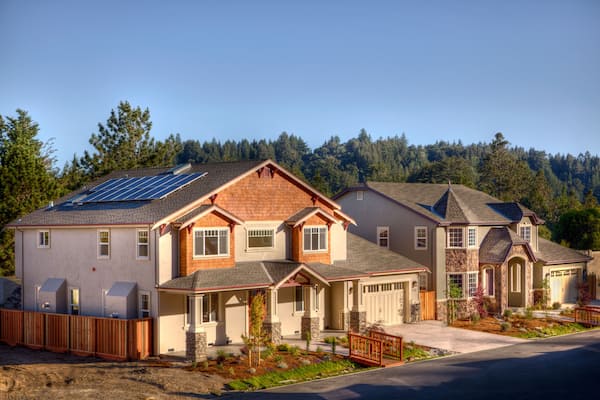 The Meadow at Falcon Ridge in Scotts Valley, California. Two houses in a street.