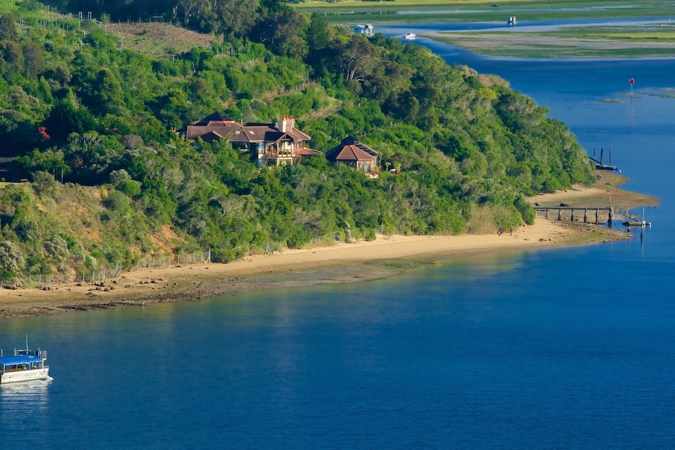 A coastal area with a house surrounded by lush greenery and a beach.