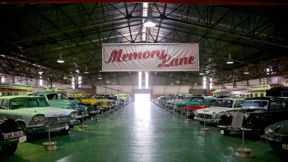 A vintage car show with a 'Memory Lane' banner.