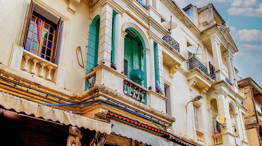 Houses of the Jewish quarter, at the Mellah street. Typical balconies Jewish Quarter of Fez Morocco. Africa.