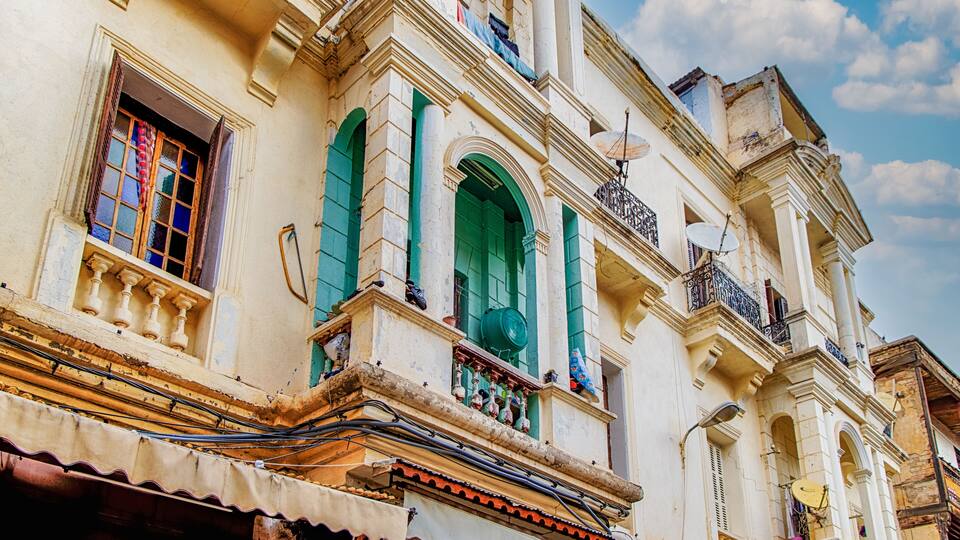 Houses of the Jewish quarter, at the Mellah street. Typical balconies Jewish Quarter of Fez Morocco. Africa.