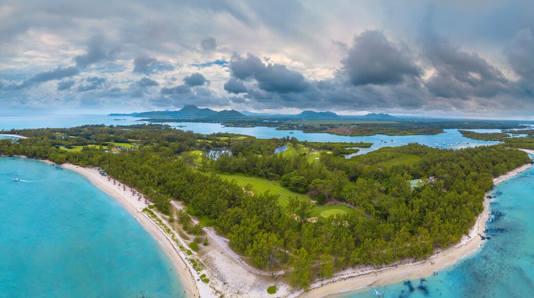 Aerial view of Mauritius, Panorama of Ile aux Cerfs, the deer island.