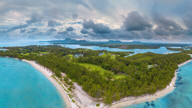 Aerial view of Mauritius, Panorama of Ile aux Cerfs, the deer island.