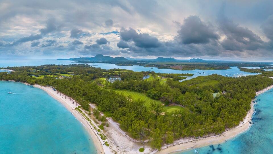 Aerial view of Mauritius, Panorama of Ile aux Cerfs, the deer island.