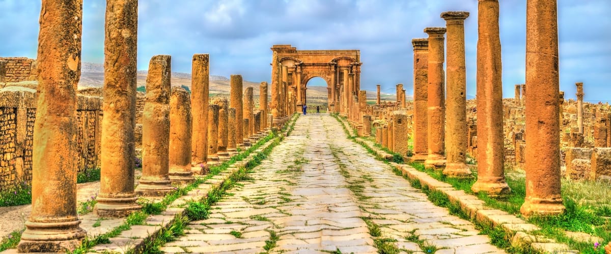 Ancient ruins with columns and an archway leading into the distance.