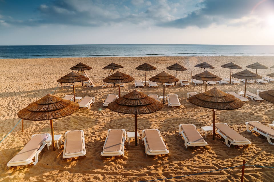 A beach with rows of sun loungers and thatched umbrellas.