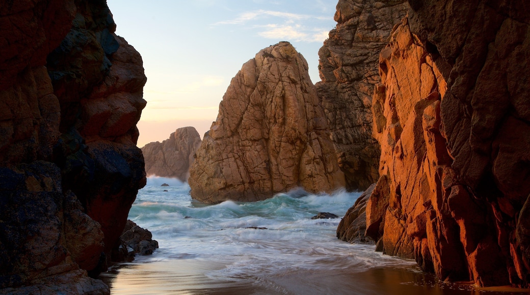 Ursa Beach showing a sunset, general coastal views and rugged coastline