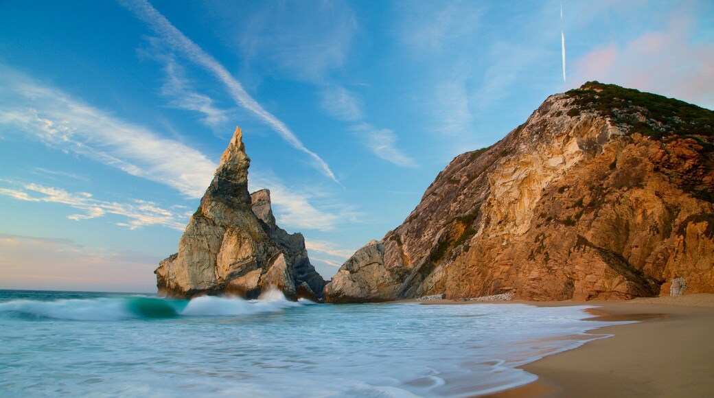 Ursa Beach showing rugged coastline, general coastal views and a sunset