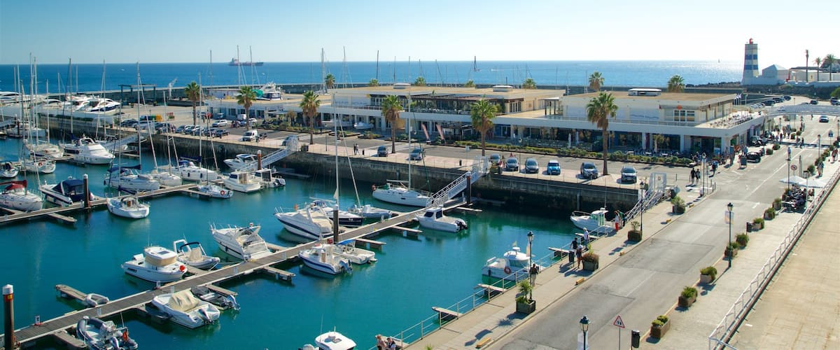 Cascais Marina mostrando vistas de una costa y una bahía o un puerto