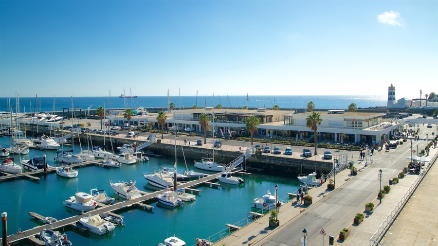 Cascais Marina som inkluderar kustutsikter och en hamn eller havsbukt