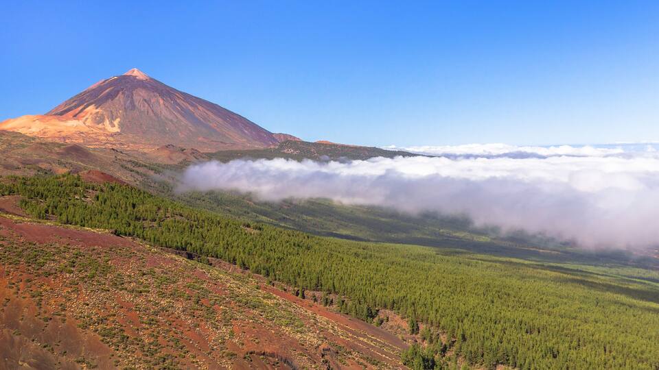 A mountain with a forested valley and a cloud-covered ridge.