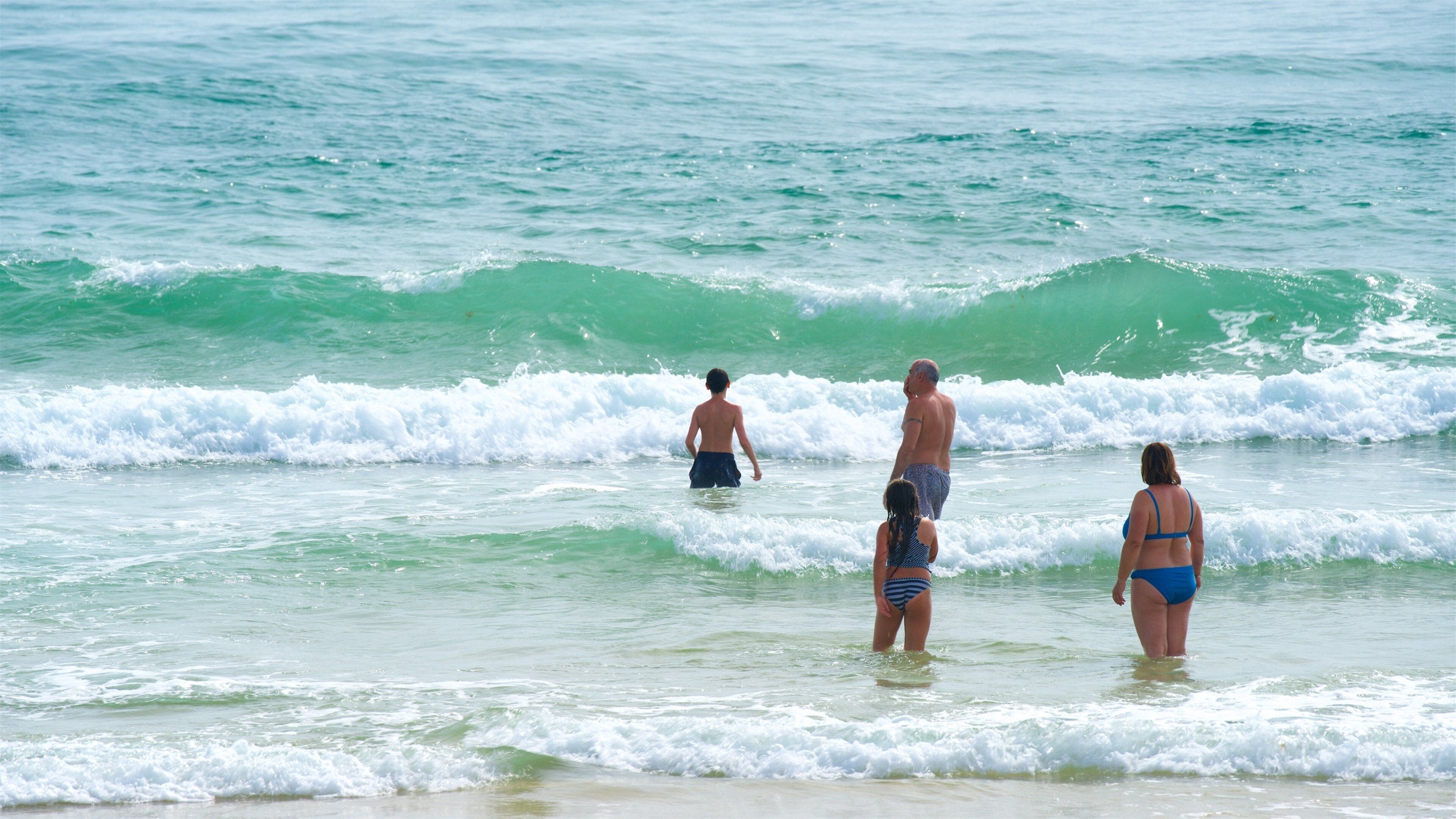 Playa Fuzeta que incluye vistas generales de la costa y surf y también una familia