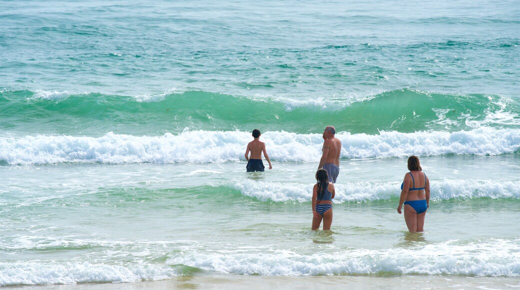 Playa Fuzeta que incluye vistas generales de la costa y surf y también una familia
