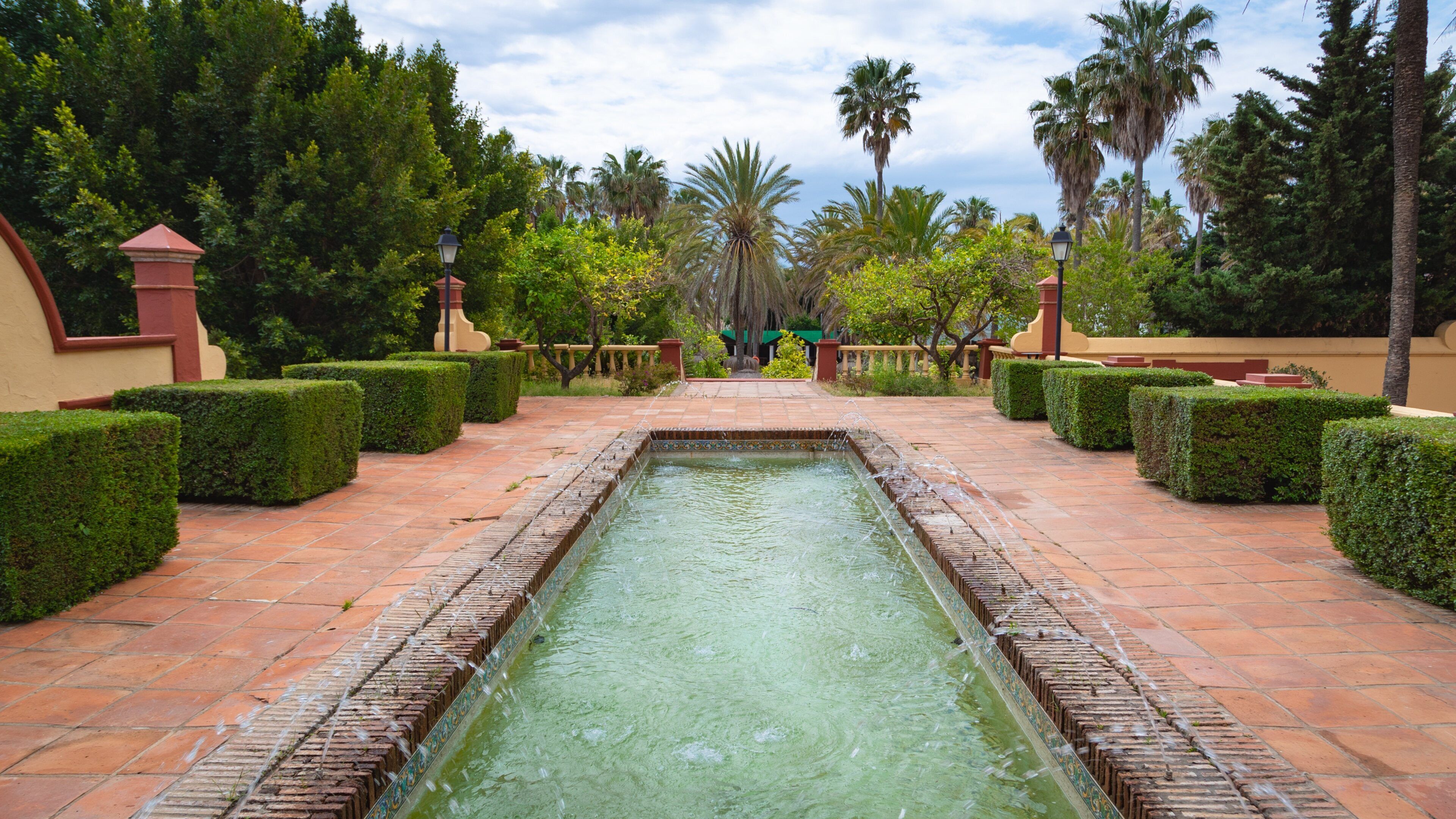 A rectangular water feature with a tiled border, surrounded by neatly trimmed hedges and palm trees.