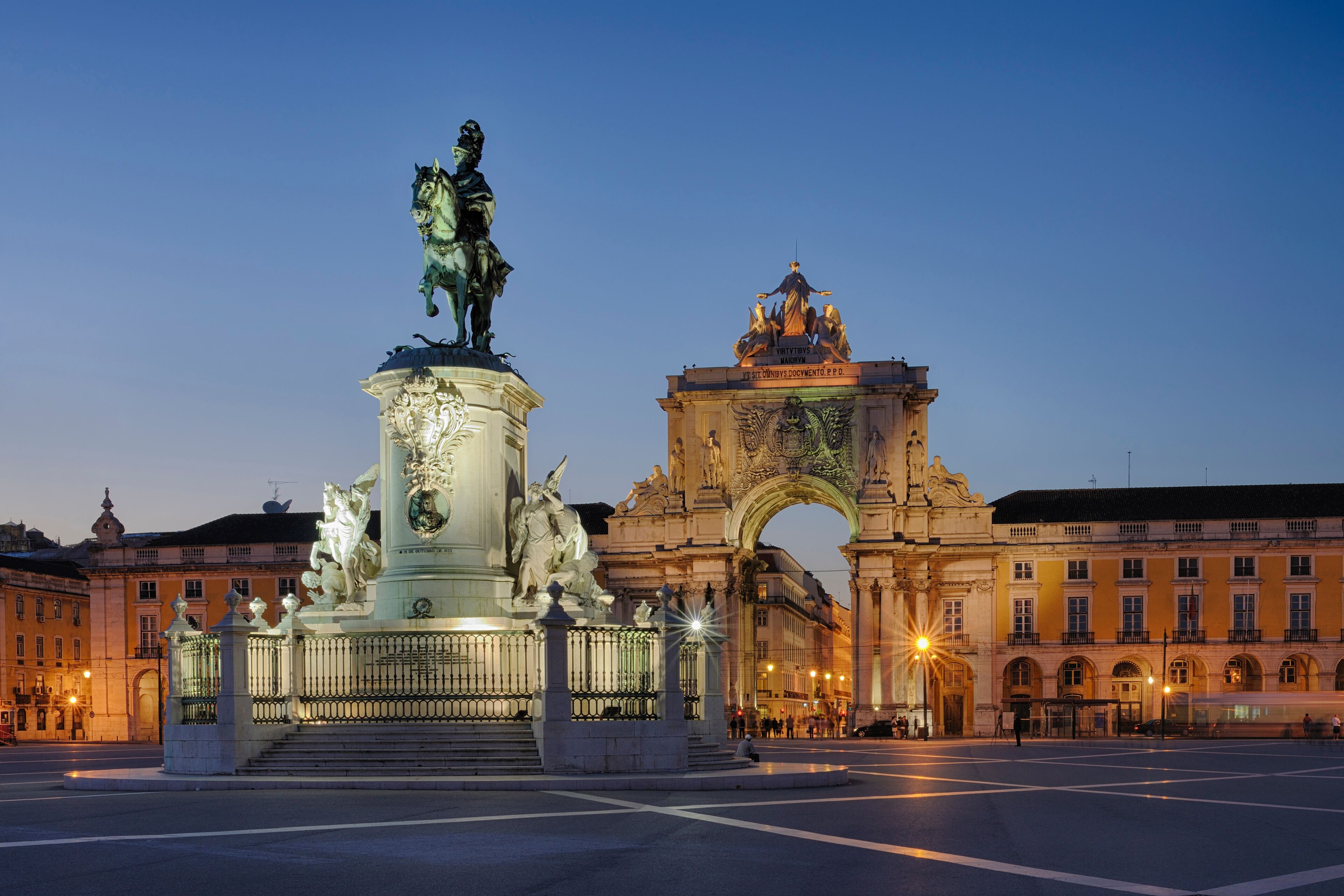 Statue of King Jose I and Arco da Rua Augusta in Praca do Comercio illuminated at Dusk, Baixa, Lisbon, Portugal