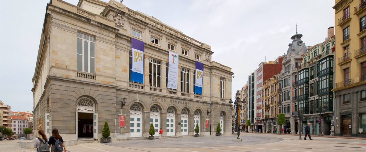 Campoamor Theater showing a city, heritage elements and a square or plaza