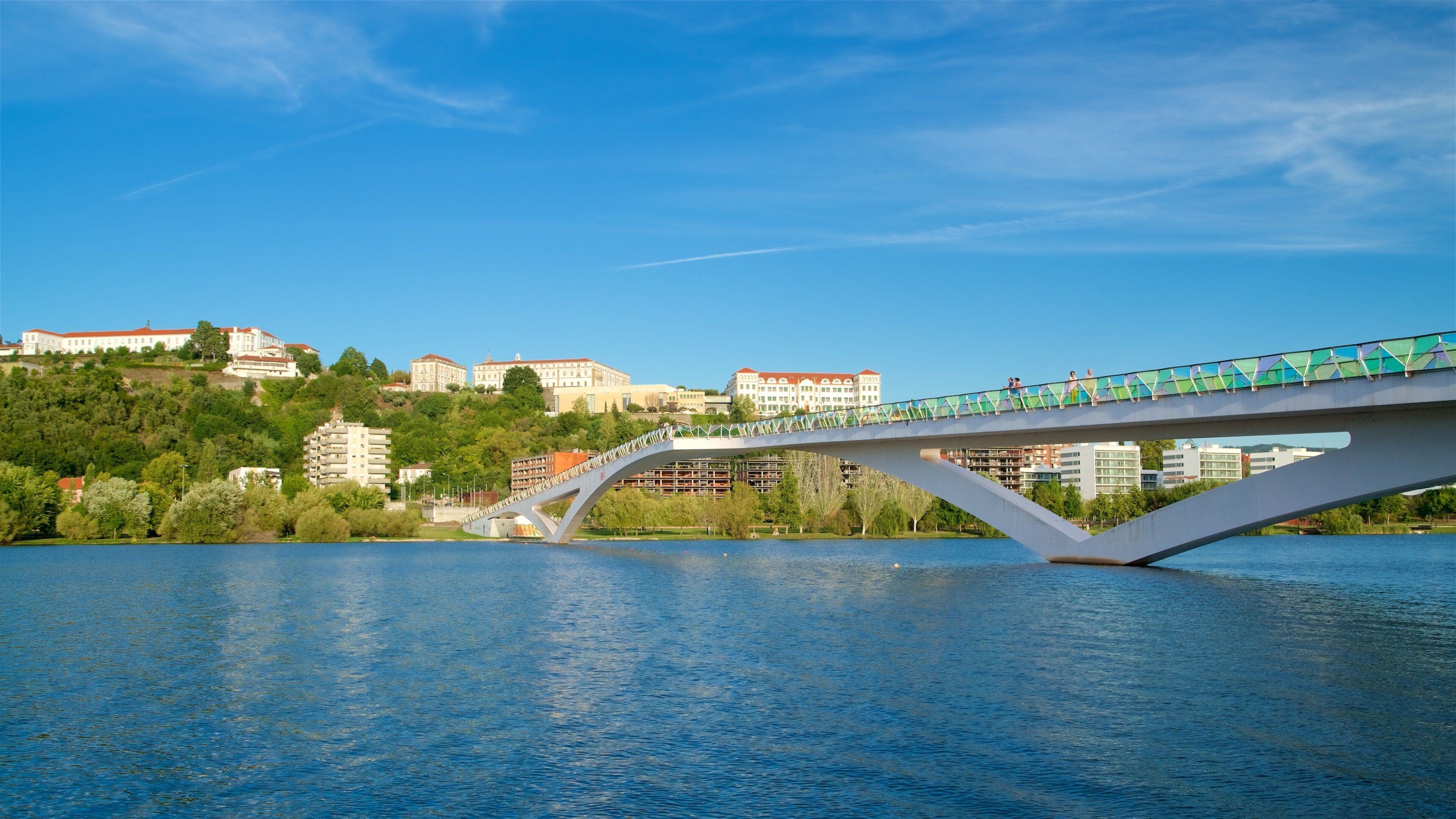 Pedro and Ines Footbridge featuring a river or creek, a city and a bridge