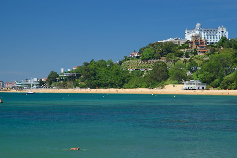 A coastal cityscape with a beach, a large building on a hill, and a clear blue sky.