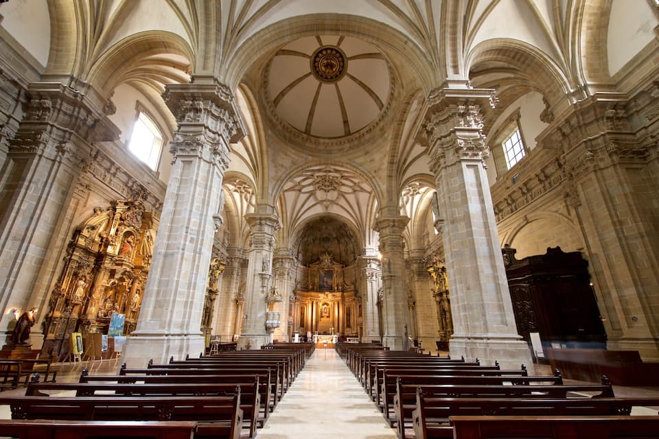 A cathedral interior with high vaulted ceilings, rows of wooden pews, and ornate stone columns.