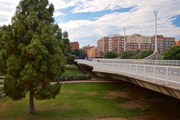 Un pont piétonnier enjambant une rivière, entouré de verdure et de bâtiments urbains.