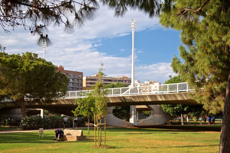 A park with a pedestrian bridge, trees, and buildings in the background.