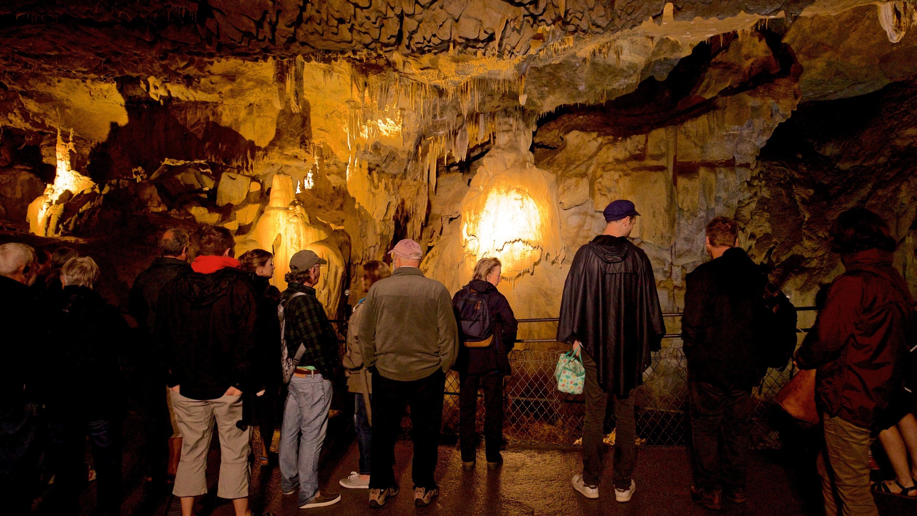 Bétharramin luolasto joka esittää luolien tutkiminen ja luolat sekä pieni ryhmä ihmisiä