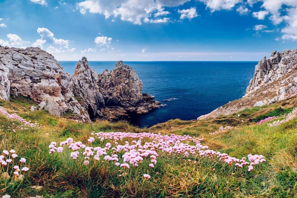Panorama of Pointe du Pen-Hir with World War Two monument to the Bretons of Free France on the Crozon peninsula, Finistere department, Camaret-sur-Mer. Brittany (Bretagne), France., Shutterstock ID 678768010, Purchase Order: -