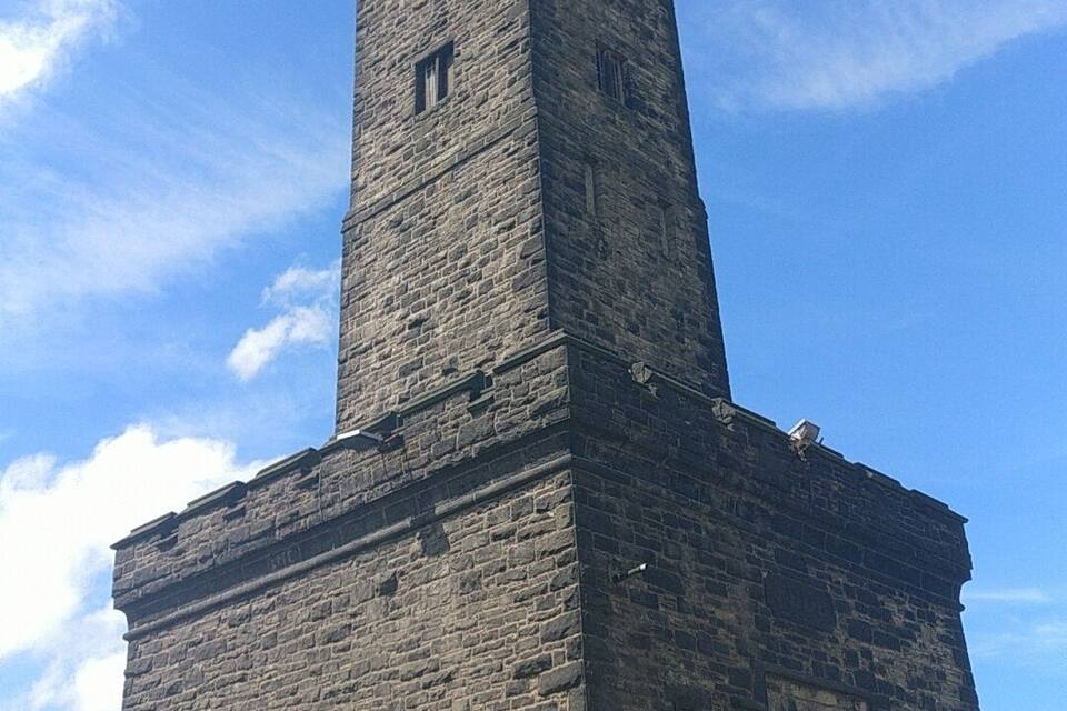 Een hoge, stenen toren met een smalle basis en een bredere top, omringd door gras.