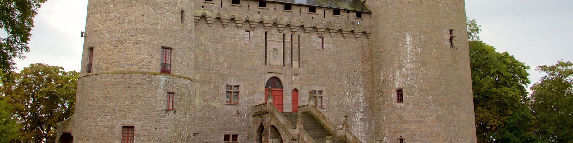 Un castillo histórico con dos torres destacadas, una entrada central y un foso que lo rodea.