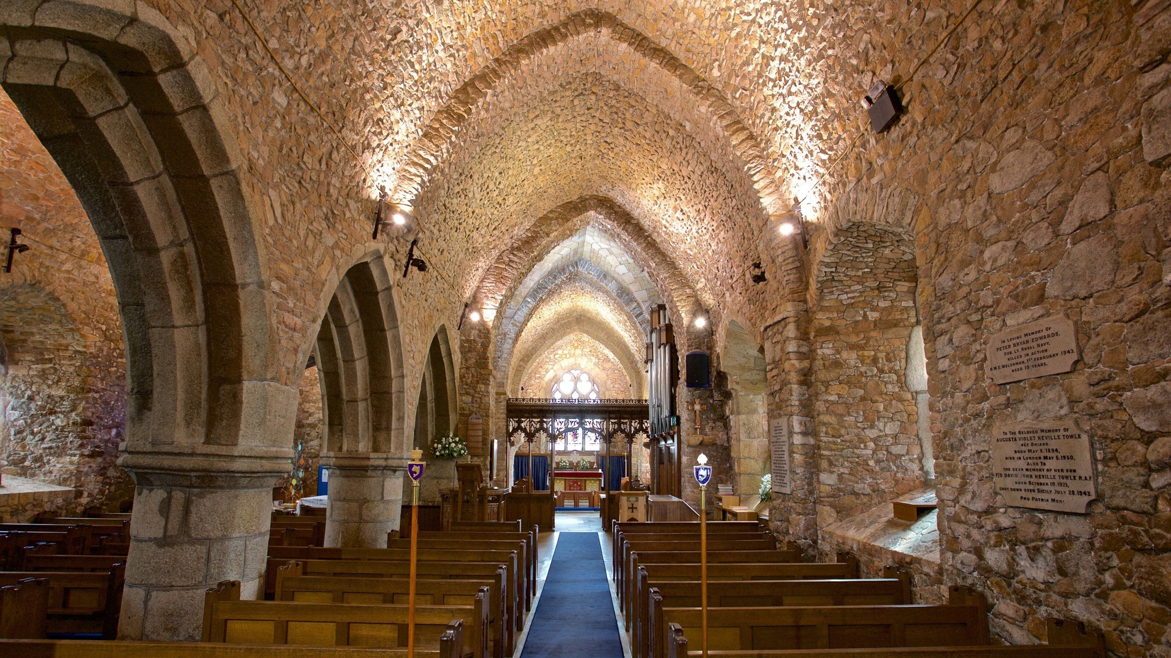 Parish Church of St. Brelade showing a church or cathedral, heritage elements and interior views