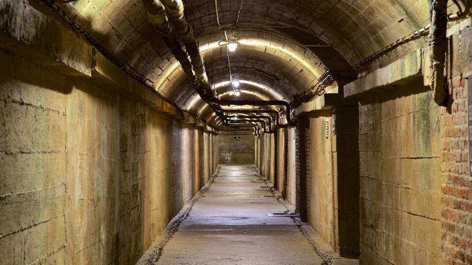 A long, arched tunnel with concrete walls and a metal ceiling, featuring exposed pipes and a light fixture.