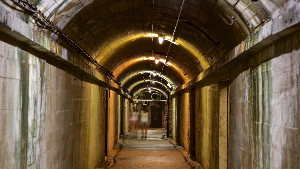 A dimly lit, arched tunnel with a wet floor, metal railings, and a person walking away from the camera.